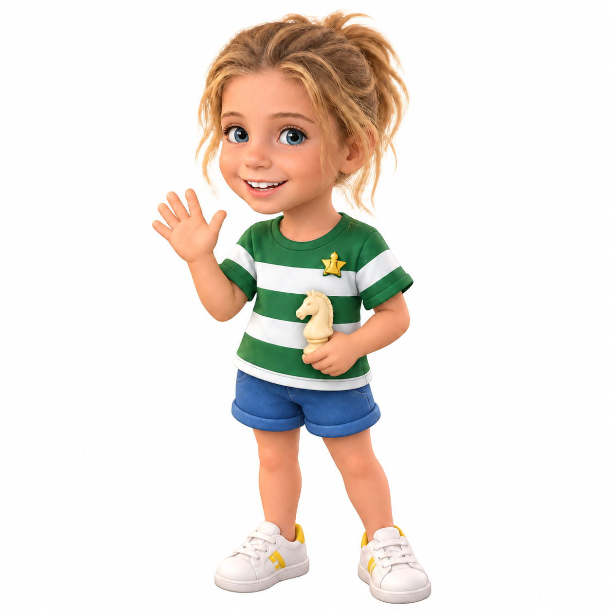 Txutxó, uma menina sorridente de cabelo apanhado e camisola verde, com uma peça de xadrez na mão